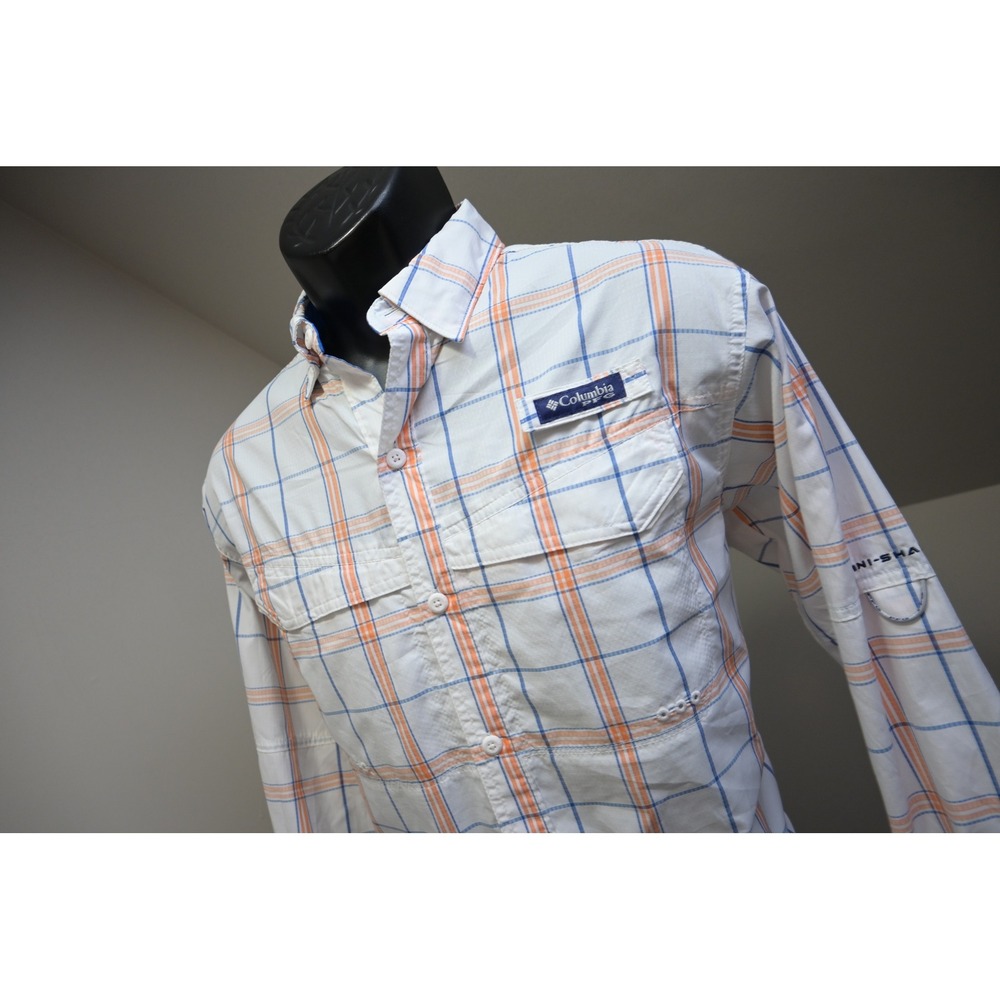 Columbia PFG Vented Fishing Shirt Mens Small White Orange Plaid Excellent